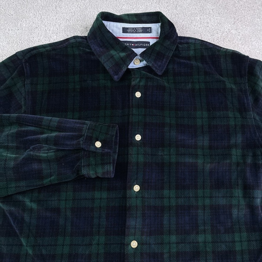 Tommy Hilfiger Shirt Mens Small Blue Green Plaid Velour Velvet Button Up Preppy